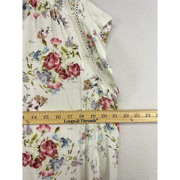 Buffalo David Bitton Floral Blouse Womens Size L Short Sleeve Tie Neck Top - Picture 7 of 8